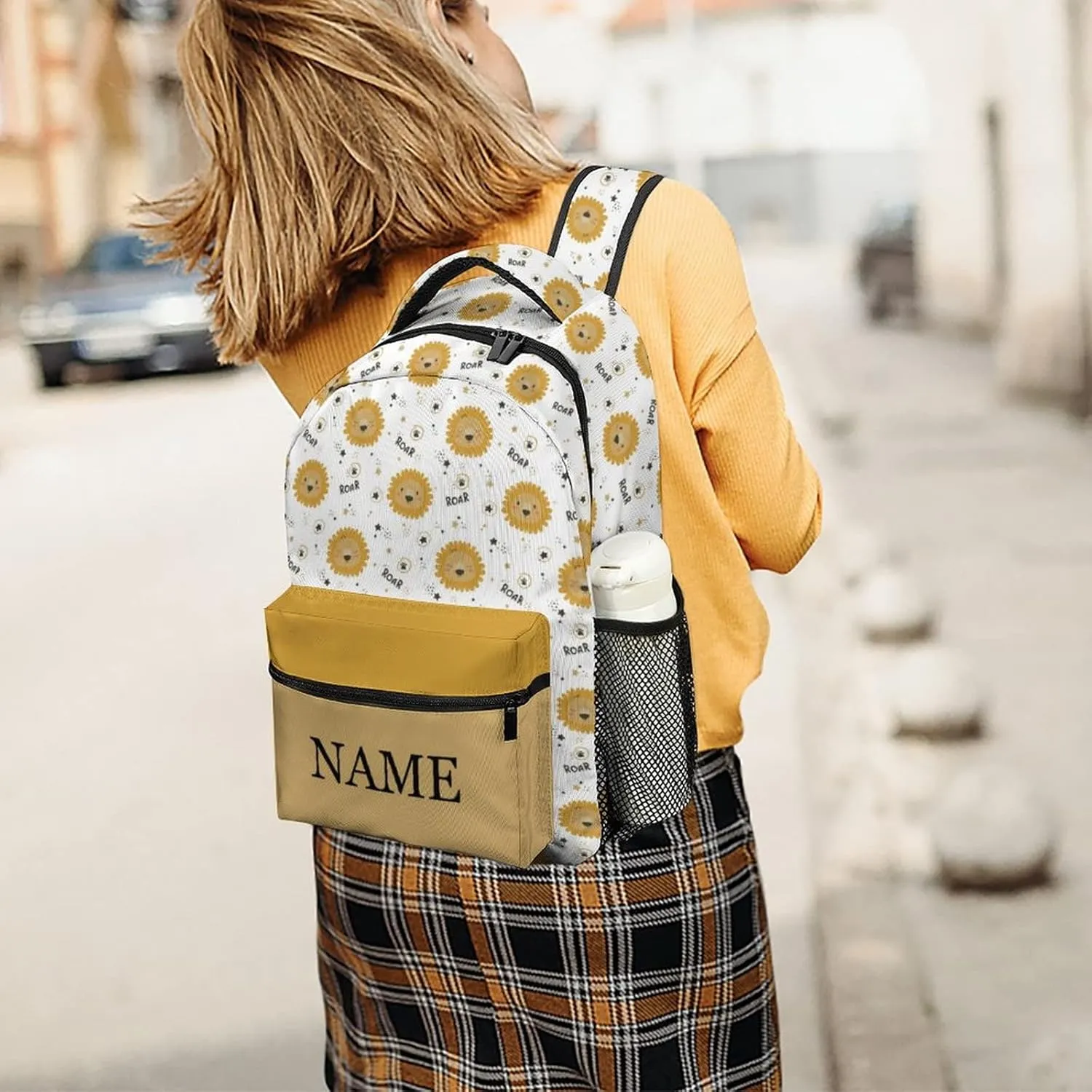 Custom Cute Lion Backpack Personalized Name Text Backpack Daypacks Customized BookBags School Bag for Student Boys Girls