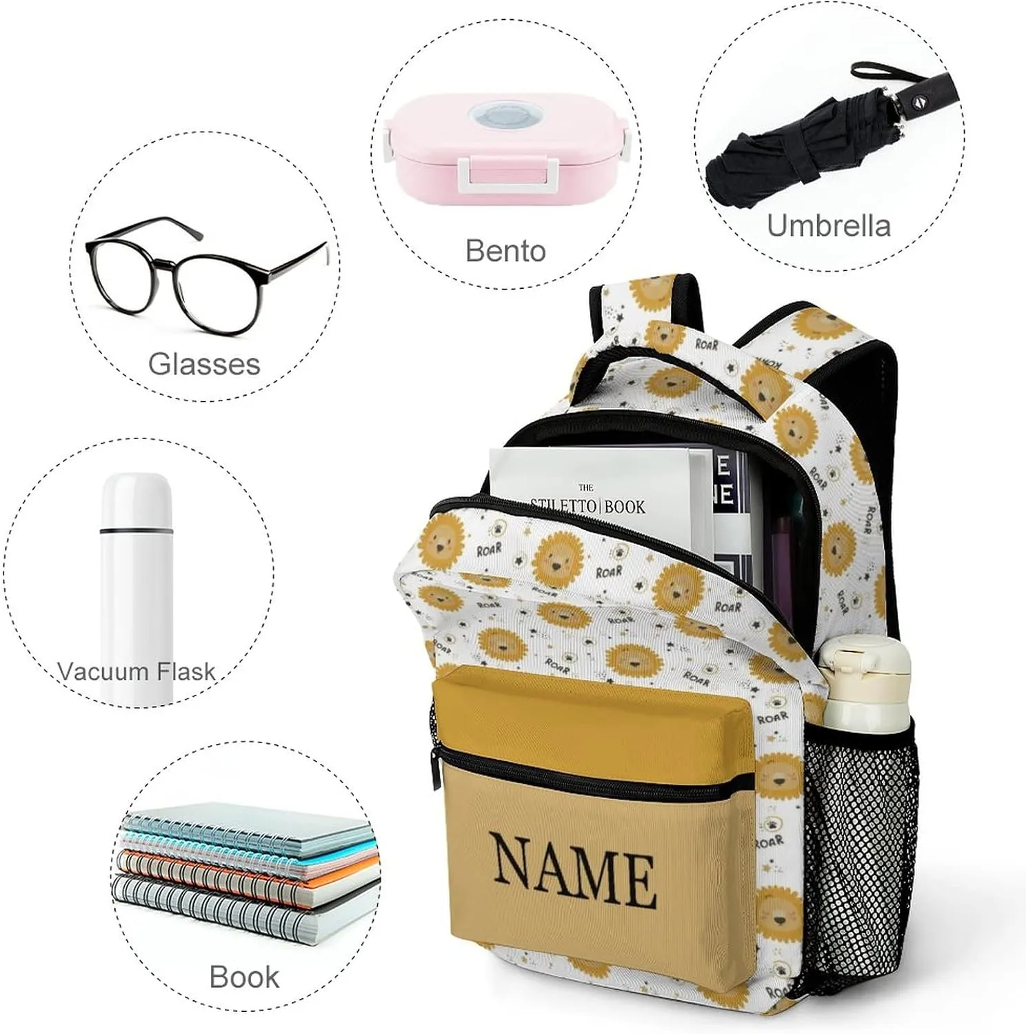 Custom Cute Lion Backpack Personalized Name Text Backpack Daypacks Customized BookBags School Bag for Student Boys Girls
