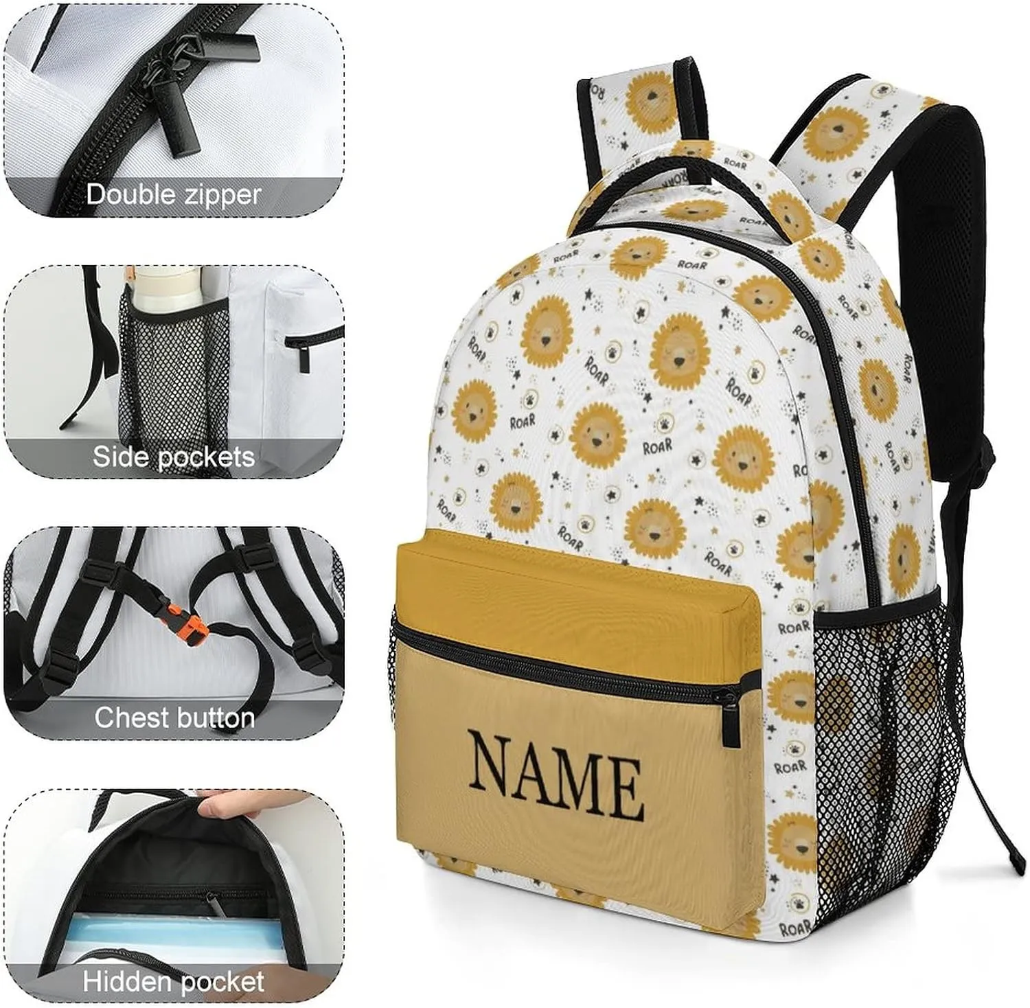 Custom Cute Lion Backpack Personalized Name Text Backpack Daypacks Customized BookBags School Bag for Student Boys Girls