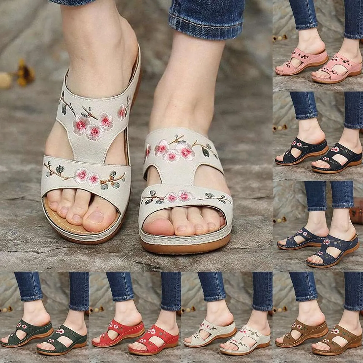 DOIX Garden Loafer Flat Shoes for Women Flowers Embroidered Slip on Mules Driving Shoes Lightweight Breathable Backless Slides Slippers Comfortable Walking Shoes,Brown,US11/EU42