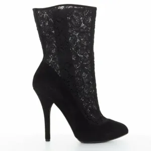 DOLCE GABBANA black floral lace mesh sock suede pump design short bootie EU39