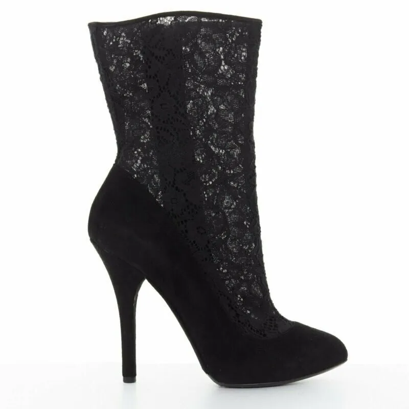 DOLCE GABBANA black floral lace mesh sock suede pump design short bootie EU39