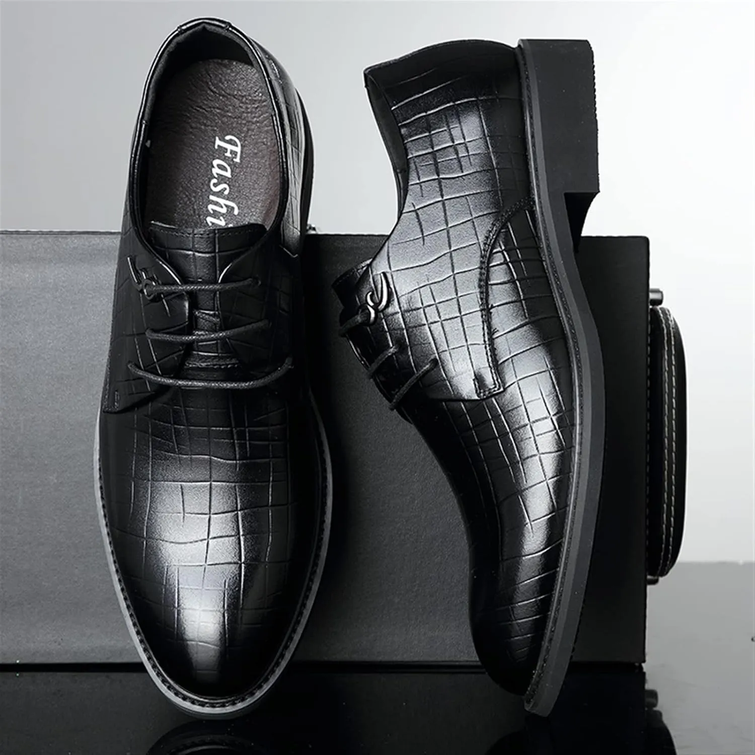 Dress Oxford Shoes for Men Lace Up Round Toe Plaid Derby Shoes Leather Low Top Anti-Slip Rubber Sole Block Heel Wedding