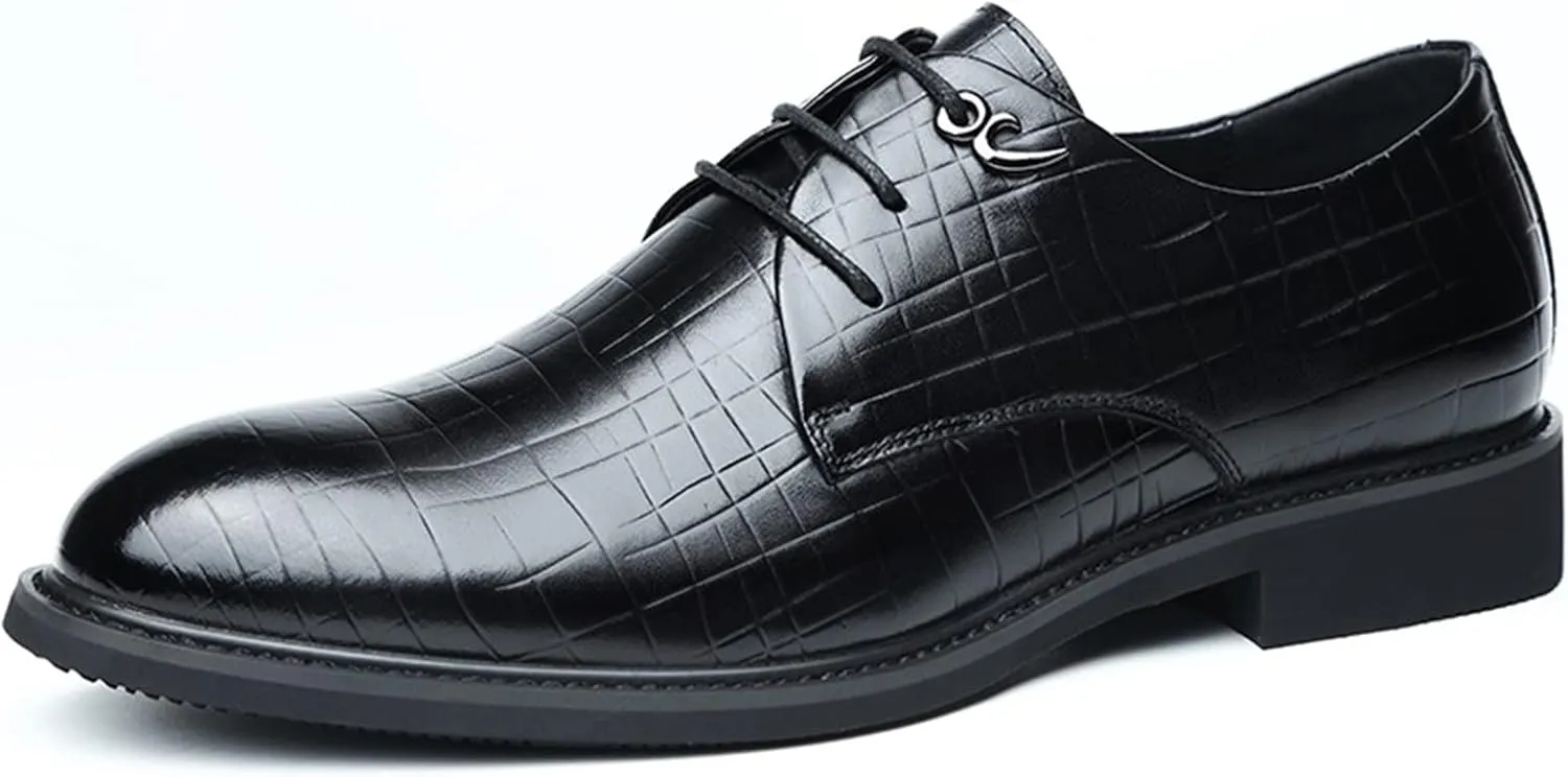 Dress Oxford Shoes for Men Lace Up Round Toe Plaid Derby Shoes Leather Low Top Anti-Slip Rubber Sole Block Heel Wedding