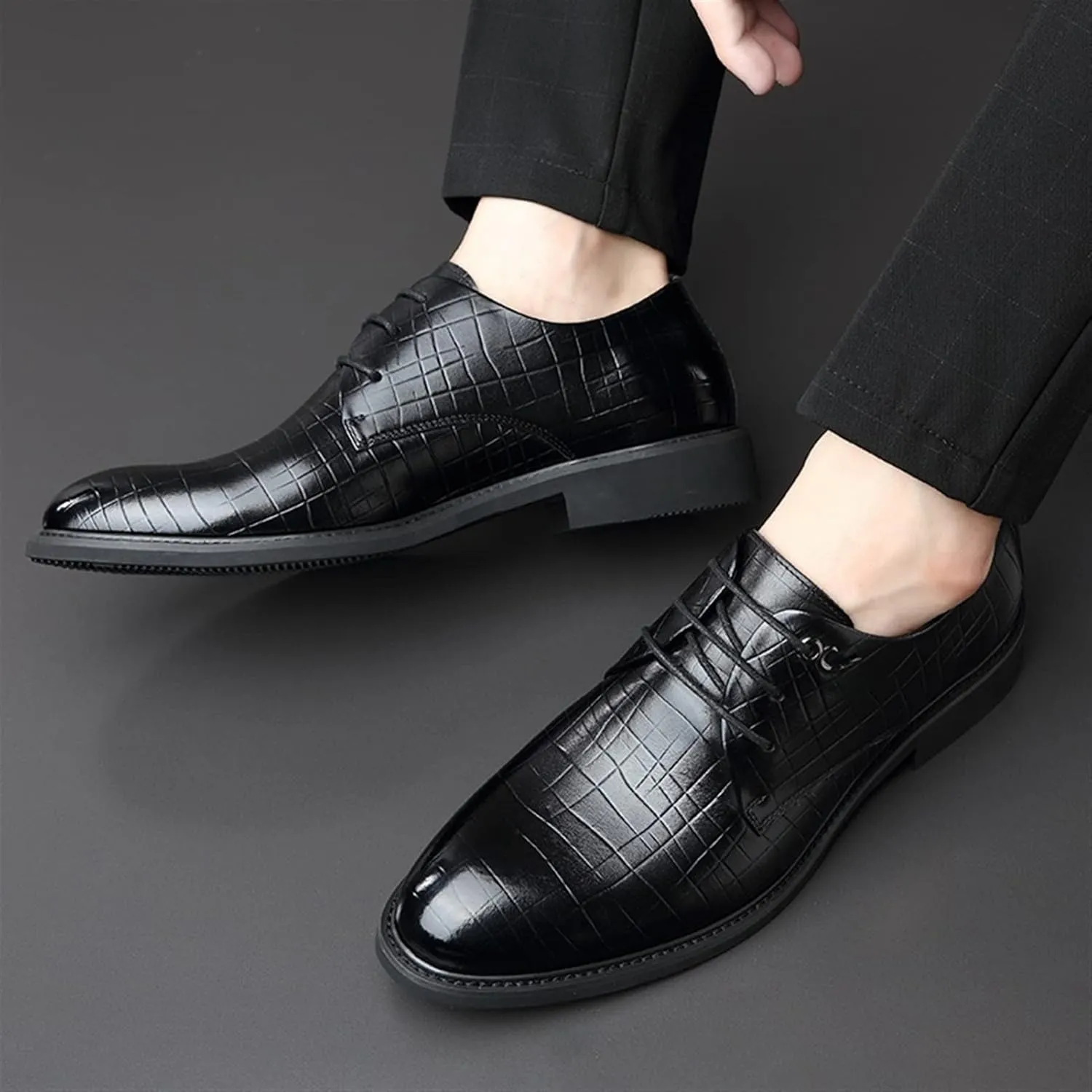 Dress Oxford Shoes for Men Lace Up Round Toe Plaid Derby Shoes Leather Low Top Anti-Slip Rubber Sole Block Heel Wedding