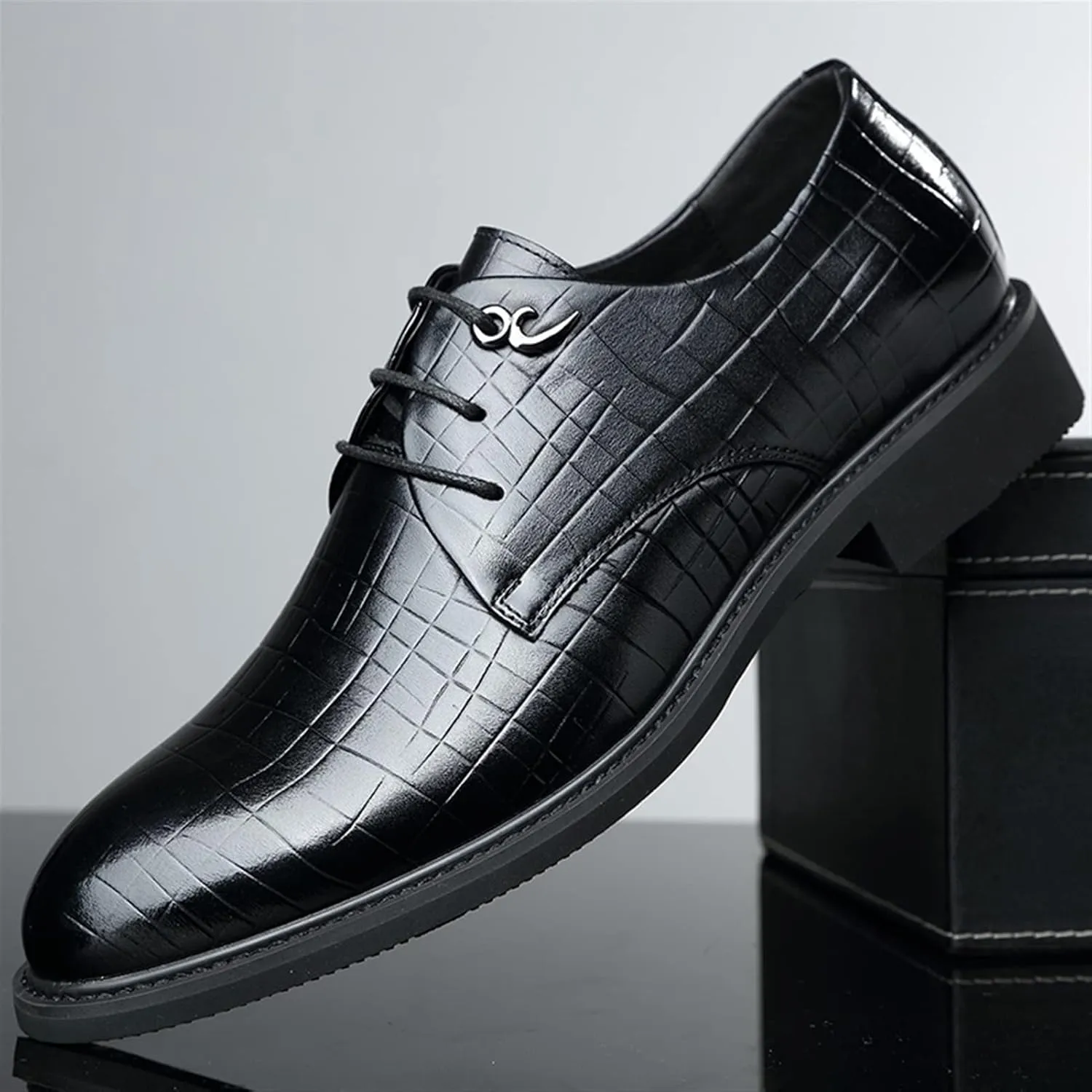 Dress Oxford Shoes for Men Lace Up Round Toe Plaid Derby Shoes Leather Low Top Anti-Slip Rubber Sole Block Heel Wedding