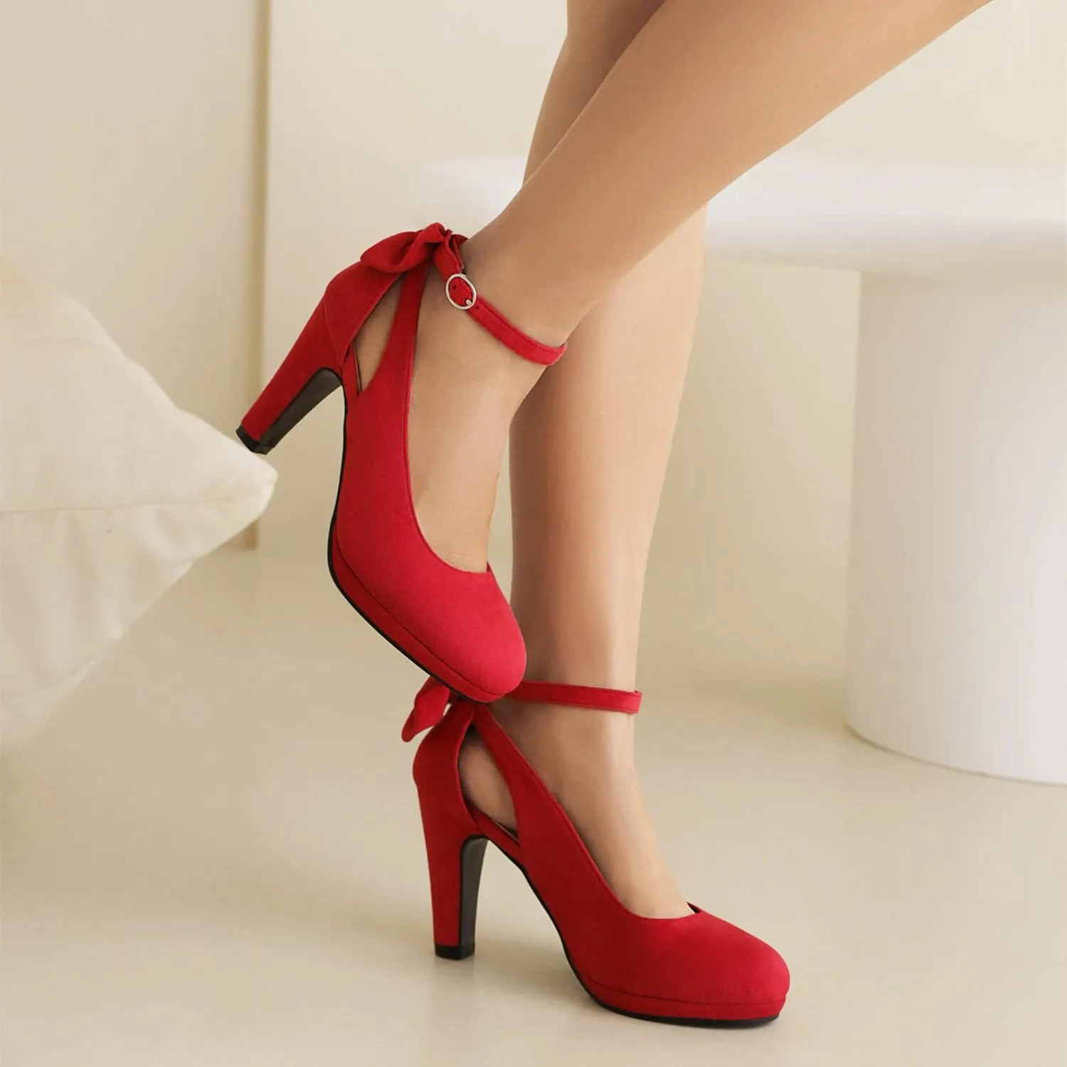 Elerhythm Women's Mary Jane Heels with Bow Retro Closed Round Toe Suede Ankle Strap Pumps Gatsby Vintage Sweet Office Daily Dress Shoes