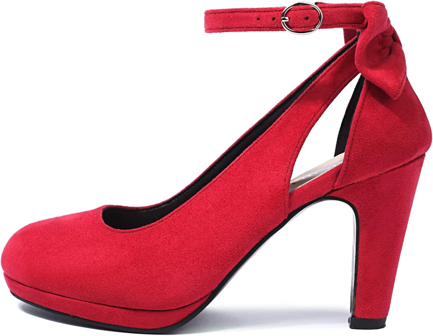 Elerhythm Women's Mary Jane Heels with Bow Retro Closed Round Toe Suede Ankle Strap Pumps Gatsby Vintage Sweet Office Daily Dress Shoes