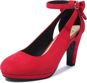 Elerhythm Women's Mary Jane Heels with Bow Retro Closed Round Toe Suede Ankle Strap Pumps Gatsby Vintage Sweet Office Daily Dress Shoes