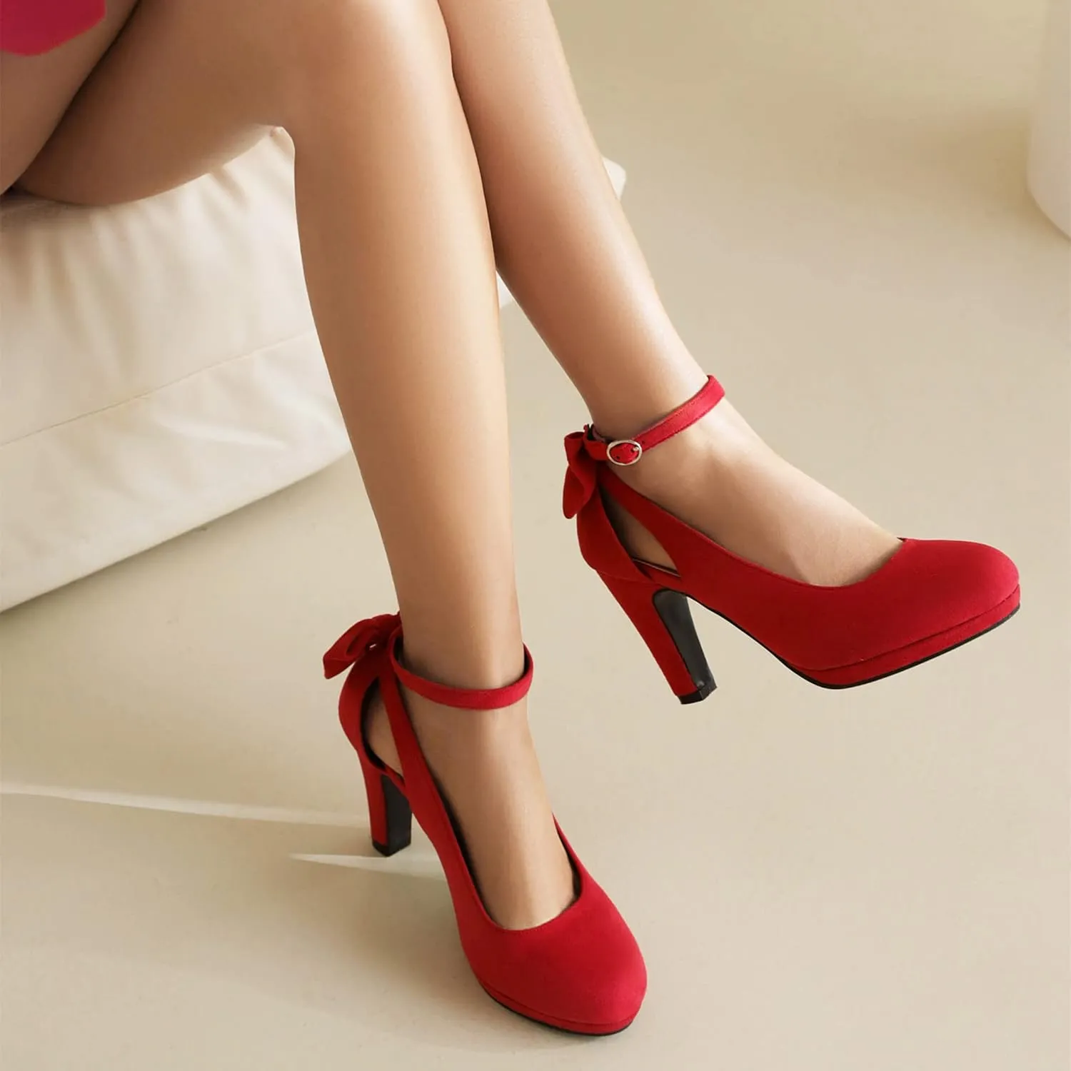 Elerhythm Women's Mary Jane Heels with Bow Retro Closed Round Toe Suede Ankle Strap Pumps Gatsby Vintage Sweet Office Daily Dress Shoes