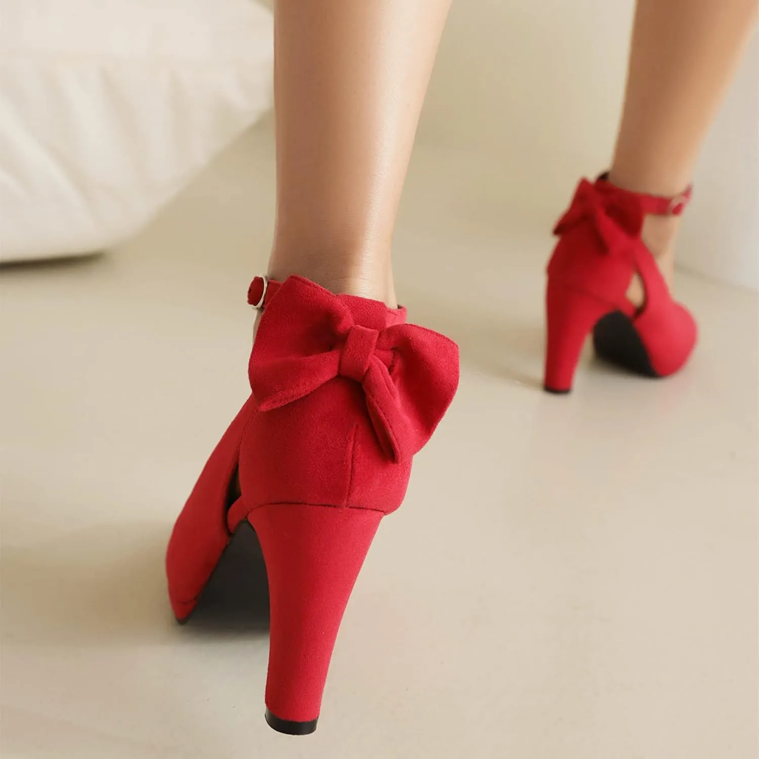 Elerhythm Women's Mary Jane Heels with Bow Retro Closed Round Toe Suede Ankle Strap Pumps Gatsby Vintage Sweet Office Daily Dress Shoes