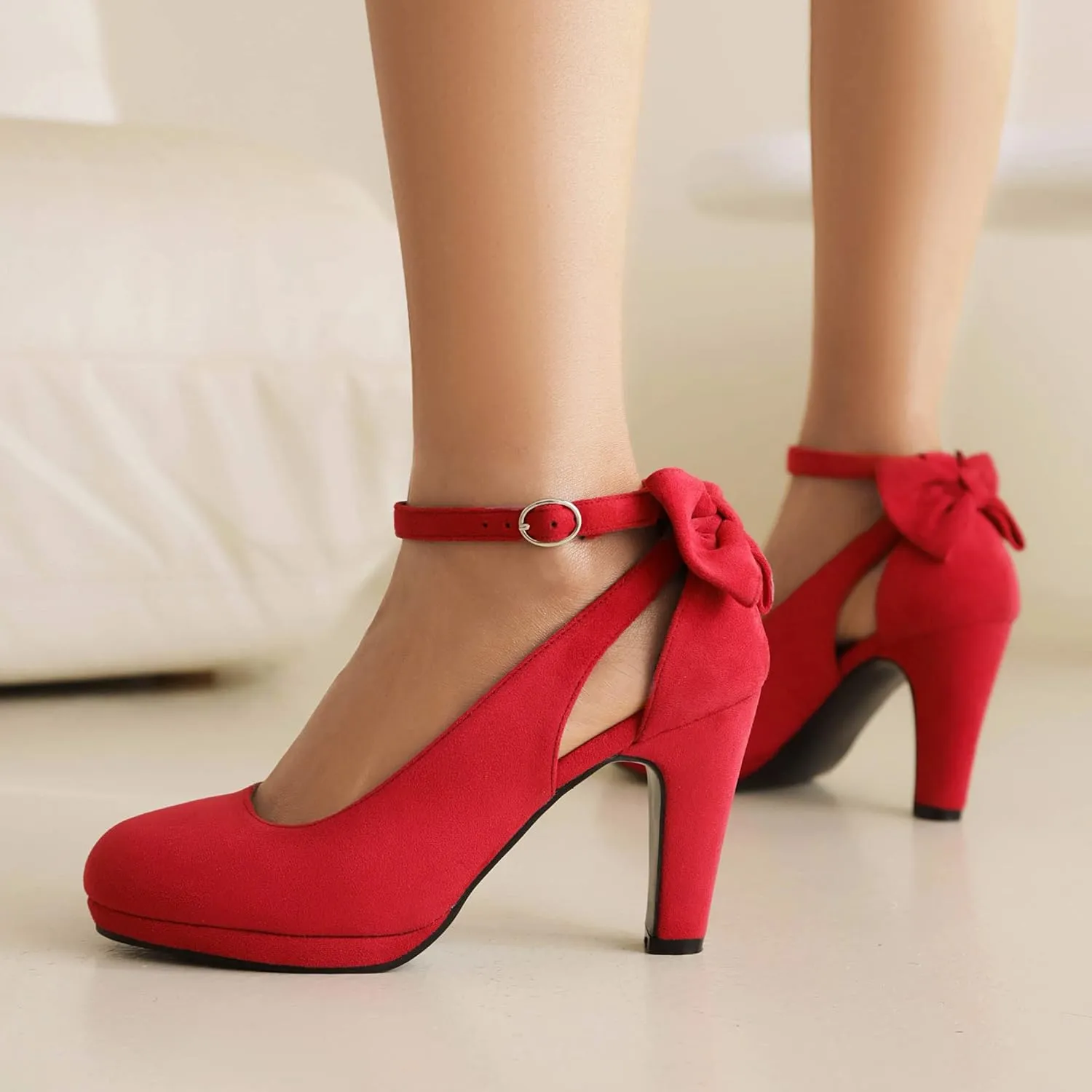 Elerhythm Women's Mary Jane Heels with Bow Retro Closed Round Toe Suede Ankle Strap Pumps Gatsby Vintage Sweet Office Daily Dress Shoes