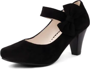Elerhythm Women's Mary Jane Vintage Heels with Bow 1950s Pumps Closed Toe 1920s Victorian Sweet Ankle Strap Faux Suede Elegant Comfortable Formal Dressy Ladies Shoes