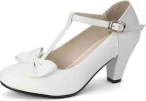 Elerhythm Women's Mary Jane Vintage Heels with Bow 1950s Pumps Closed Toe 1920s Victorian Sweet Ankle Strap Faux Suede Elegant Comfortable Formal Dressy Ladies Shoes