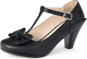 Elerhythm Women's Mary Jane Vintage Heels with Bow 1950s Pumps Closed Toe 1920s Victorian Sweet Ankle Strap Faux Suede Elegant Comfortable Formal Dressy Ladies Shoes