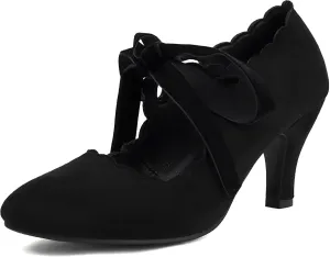 Elerhythm Women's Mary Jane Vintage Lace Up Teardrop Cut Out Close Round Toe 1920s Gatsby Heels Retro 1950s Victorian Pumps Suede Shoes
