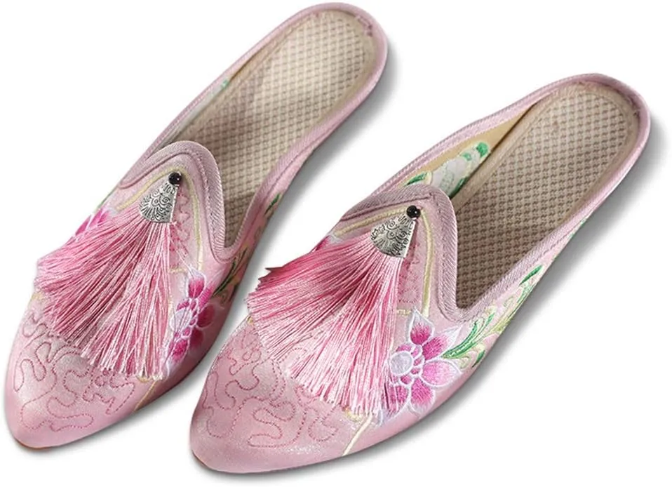 Embroidered Shoes, Mule Flat Shoes for Women's, Chinese Floral Embroidery Pointed-Toe Slippers Casual Shoes with Tassel, Espadrilles Slides Backless Slipper Slip on Loafer Shoes