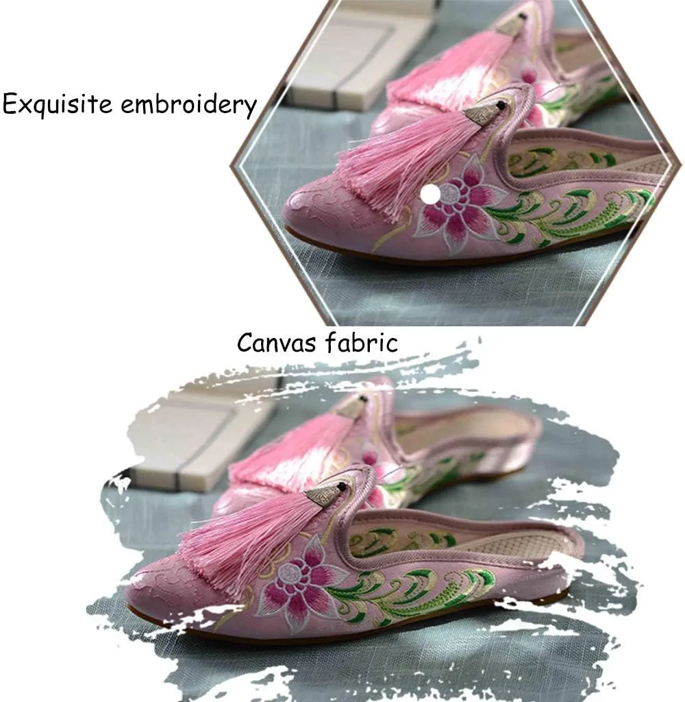 Embroidered Shoes, Mule Flat Shoes for Women's, Chinese Floral Embroidery Pointed-Toe Slippers Casual Shoes with Tassel, Espadrilles Slides Backless Slipper Slip on Loafer Shoes