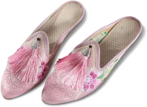 Embroidered Shoes, Mule Flat Shoes for Women's, Chinese Floral Embroidery Pointed-Toe Slippers Casual Shoes with Tassel, Espadrilles Slides Backless Slipper Slip on Loafer Shoes