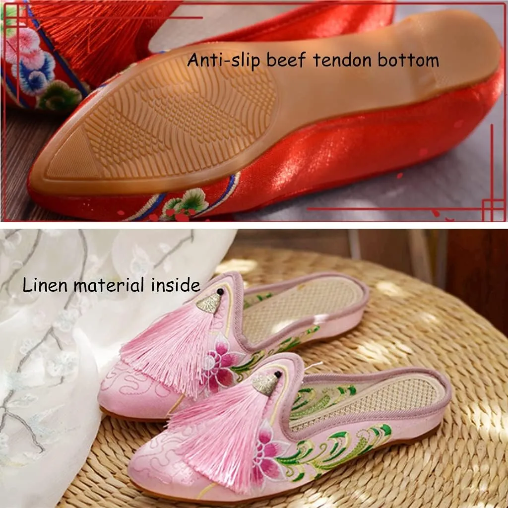 Embroidered Shoes, Mule Flat Shoes for Women's, Chinese Floral Embroidery Pointed-Toe Slippers Casual Shoes with Tassel, Espadrilles Slides Backless Slipper Slip on Loafer Shoes