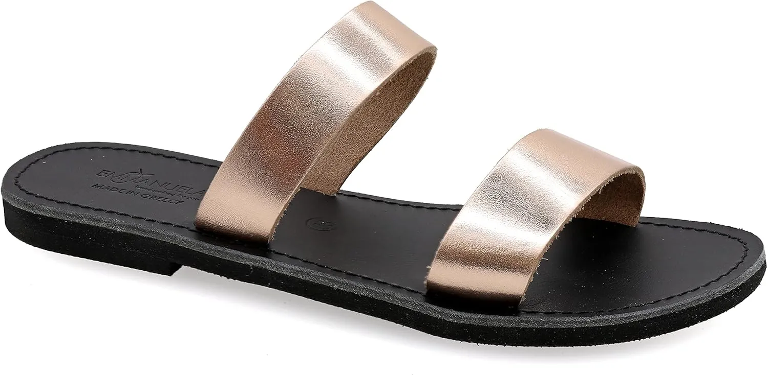 Emmanuela Greek Handmade Leather Flat Sandals, Quality Slide on Summer Shoes for Women, Strappy Sliders, Boho Chic Mules Rose Gold Snake Animal Print Leopard Croco
