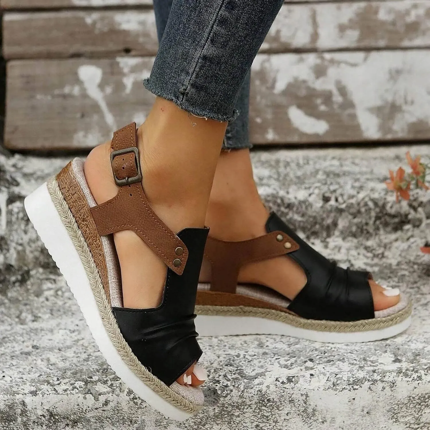 EMRELOD Wedge Sandals for Women Platform Sandals Orthopedic Sandals for Women Comfortable Espadrille Sandals Dressy Summer Open Toe Ankle Strap Low Heel Fashion Strappy Beach Shoes (05-Black, 10)