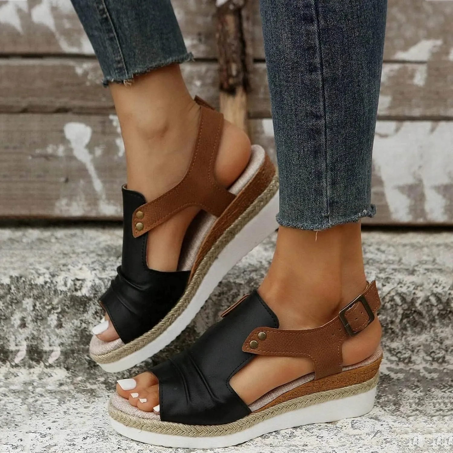 EMRELOD Wedge Sandals for Women Platform Sandals Orthopedic Sandals for Women Comfortable Espadrille Sandals Dressy Summer Open Toe Ankle Strap Low Heel Fashion Strappy Beach Shoes (05-Black, 10)