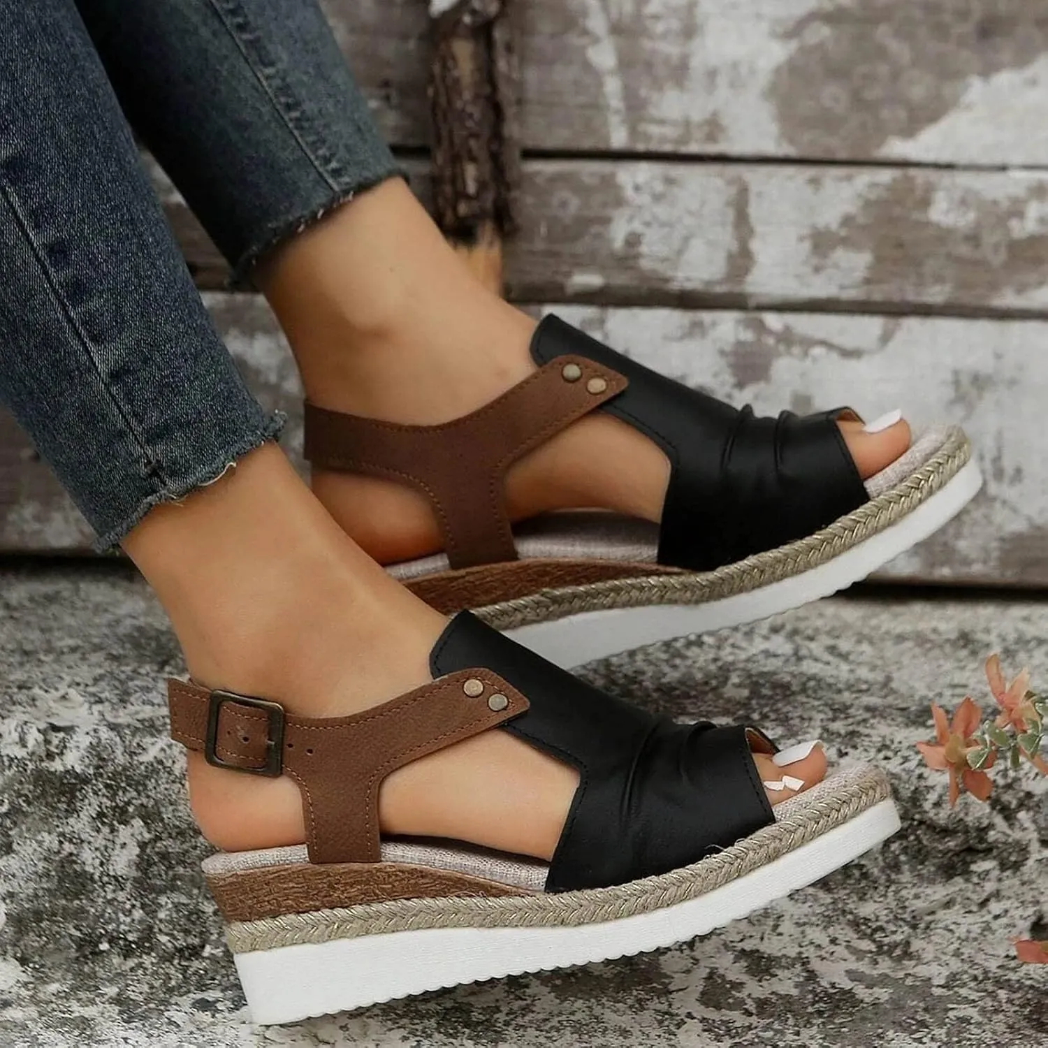 EMRELOD Wedge Sandals for Women Platform Sandals Orthopedic Sandals for Women Comfortable Espadrille Sandals Dressy Summer Open Toe Ankle Strap Low Heel Fashion Strappy Beach Shoes (05-Black, 10)
