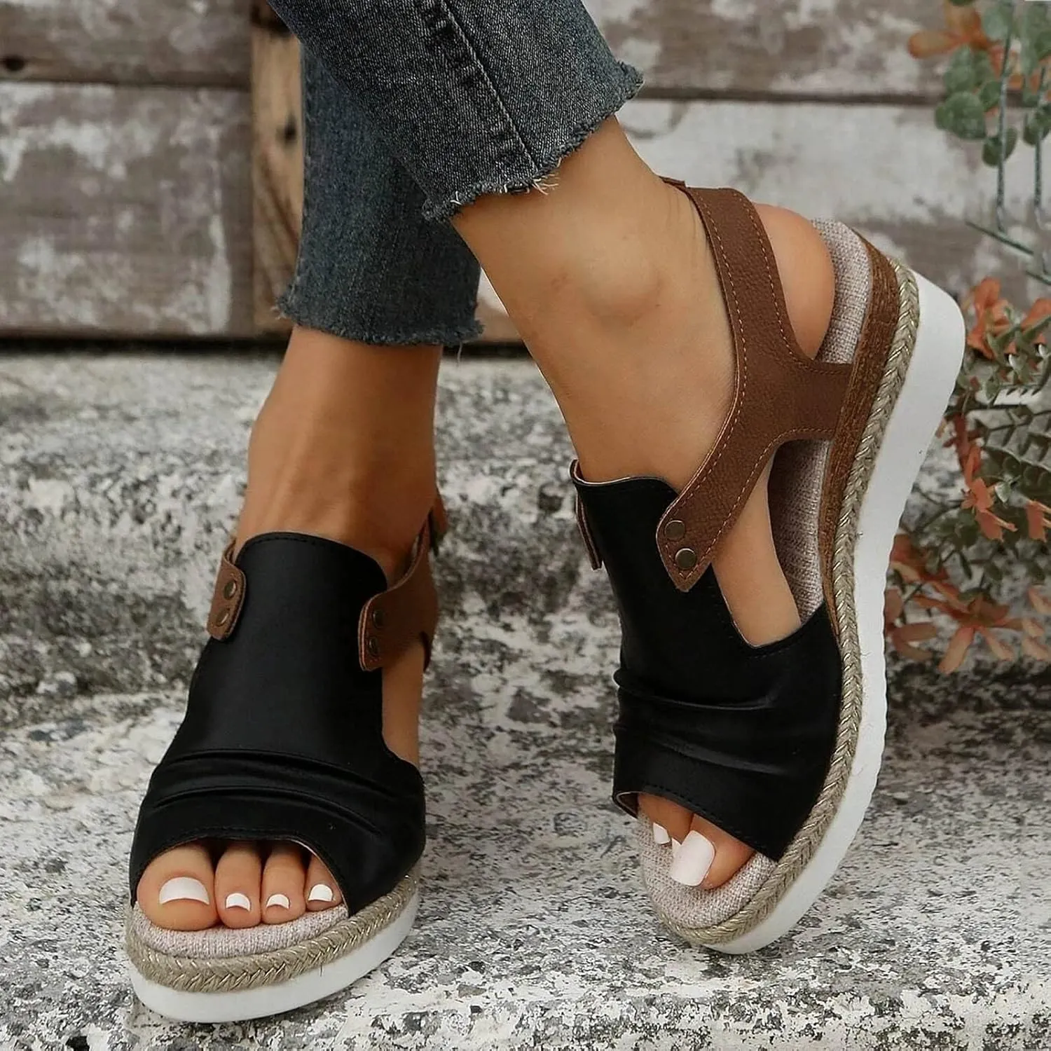 EMRELOD Wedge Sandals for Women Platform Sandals Orthopedic Sandals for Women Comfortable Espadrille Sandals Dressy Summer Open Toe Ankle Strap Low Heel Fashion Strappy Beach Shoes (05-Black, 10)