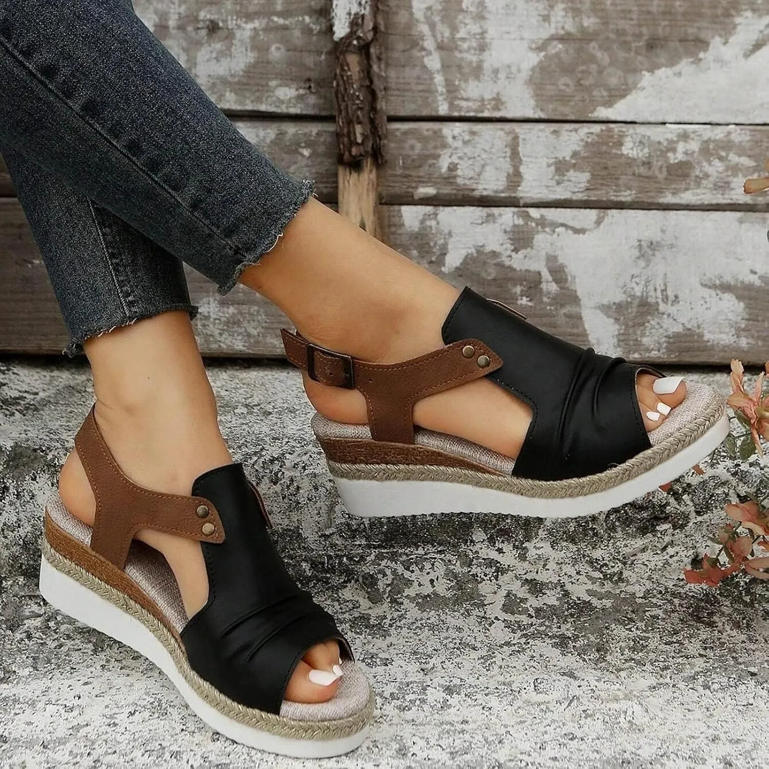 EMRELOD Wedge Sandals for Women Platform Sandals Orthopedic Sandals for Women Comfortable Espadrille Sandals Dressy Summer Open Toe Ankle Strap Low Heel Fashion Strappy Beach Shoes (05-Black, 10)