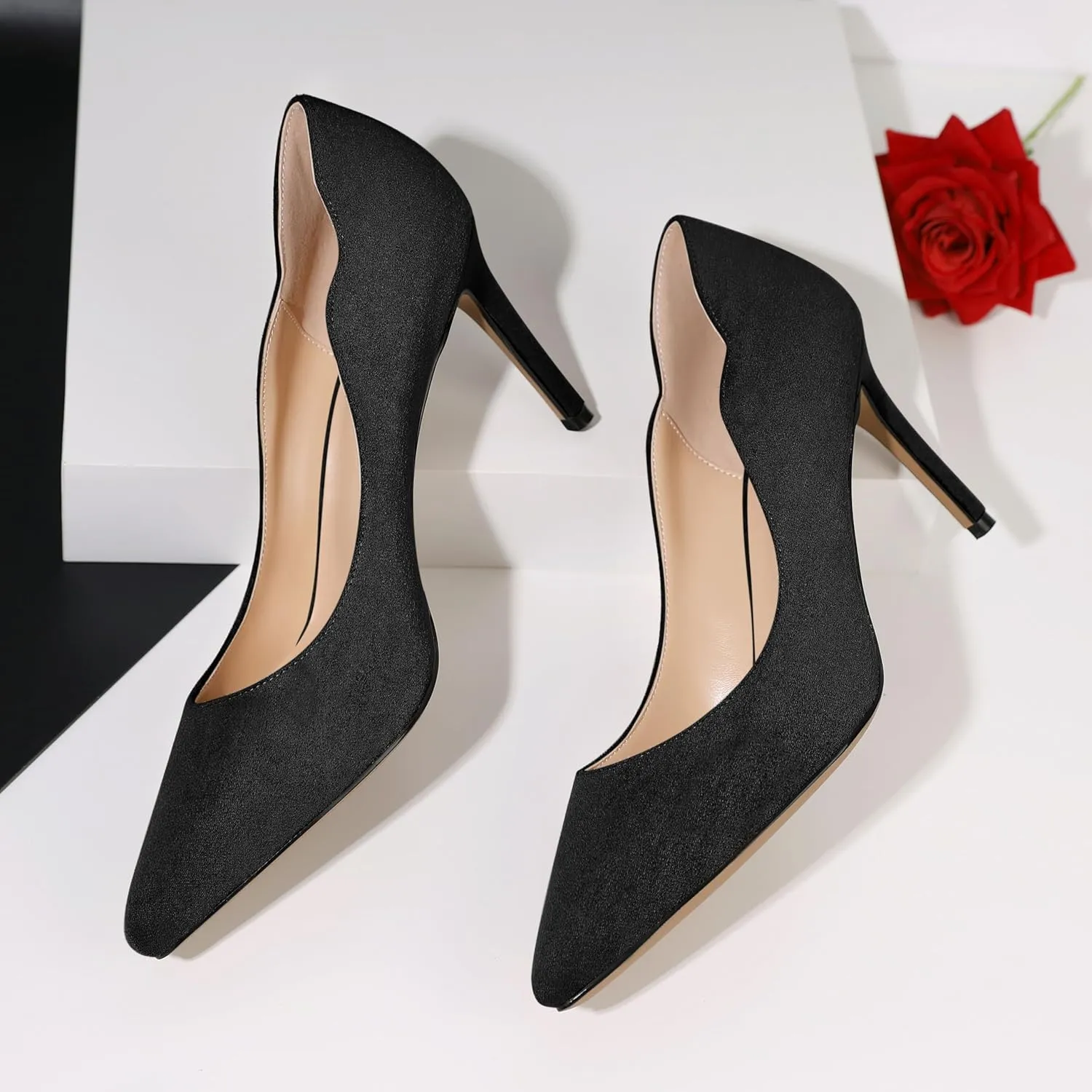 Esvowido Women's High Heel Pumps Heeled Pointed Toe Classic Stiletto Heels Slip on Sexy Evening Party Dress Shoes 3.4 Inch