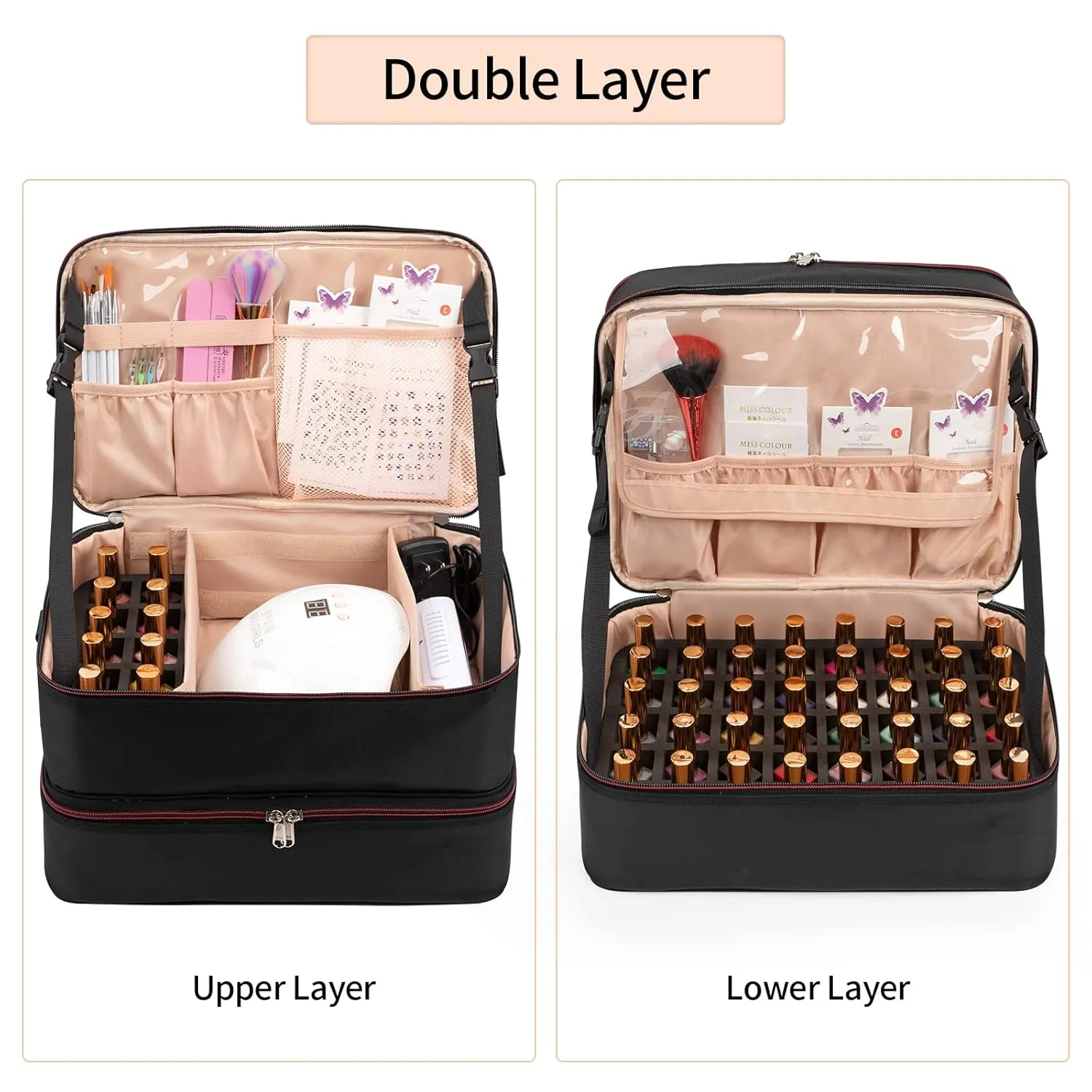 Ethereal Nail Polish Organizer Case Holds 40-50 Bottles(15ml/0.5fl.oz) and Nail Lamp, Double Layer Nail Polish Storage Bag for Nail Kit, Manicure Tools, Oxford Black