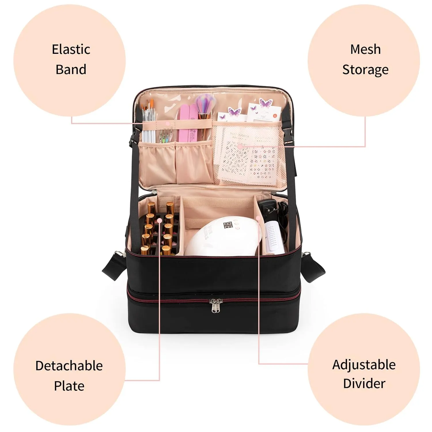 Ethereal Nail Polish Organizer Case Holds 40-50 Bottles(15ml/0.5fl.oz) and Nail Lamp, Double Layer Nail Polish Storage Bag for Nail Kit, Manicure Tools, Oxford Black