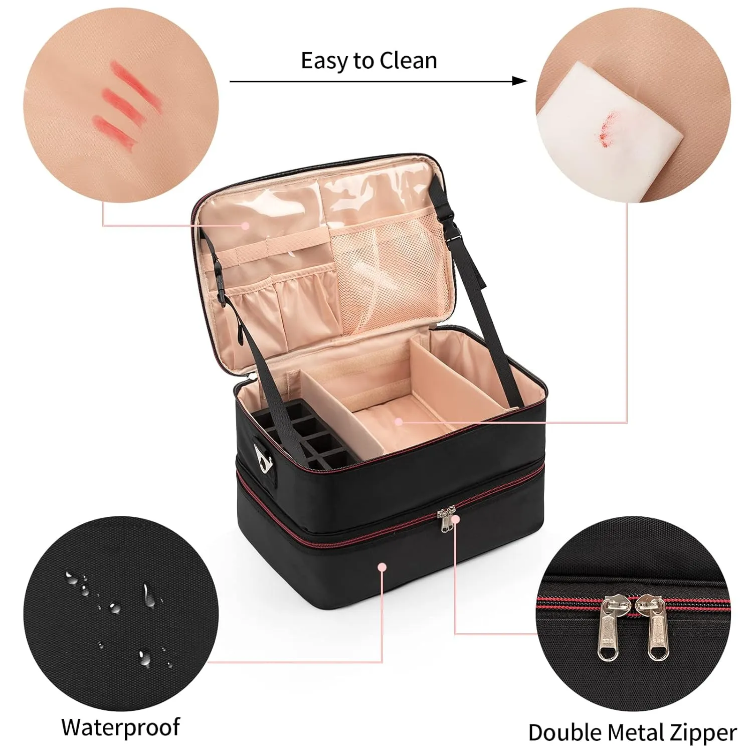 Ethereal Nail Polish Organizer Case Holds 40-50 Bottles(15ml/0.5fl.oz) and Nail Lamp, Double Layer Nail Polish Storage Bag for Nail Kit, Manicure Tools, Oxford Black
