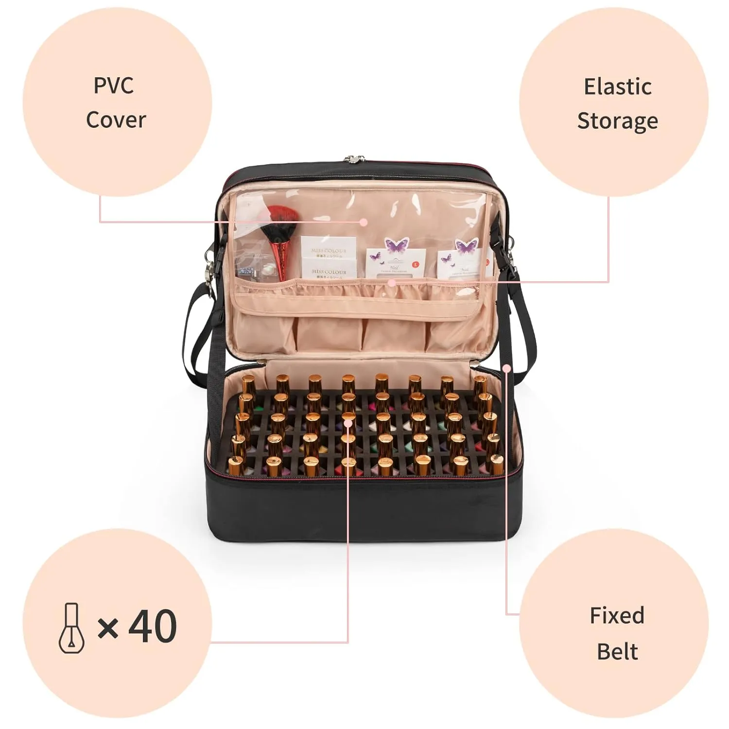 Ethereal Nail Polish Organizer Case Holds 40-50 Bottles(15ml/0.5fl.oz) and Nail Lamp, Double Layer Nail Polish Storage Bag for Nail Kit, Manicure Tools, Oxford Black