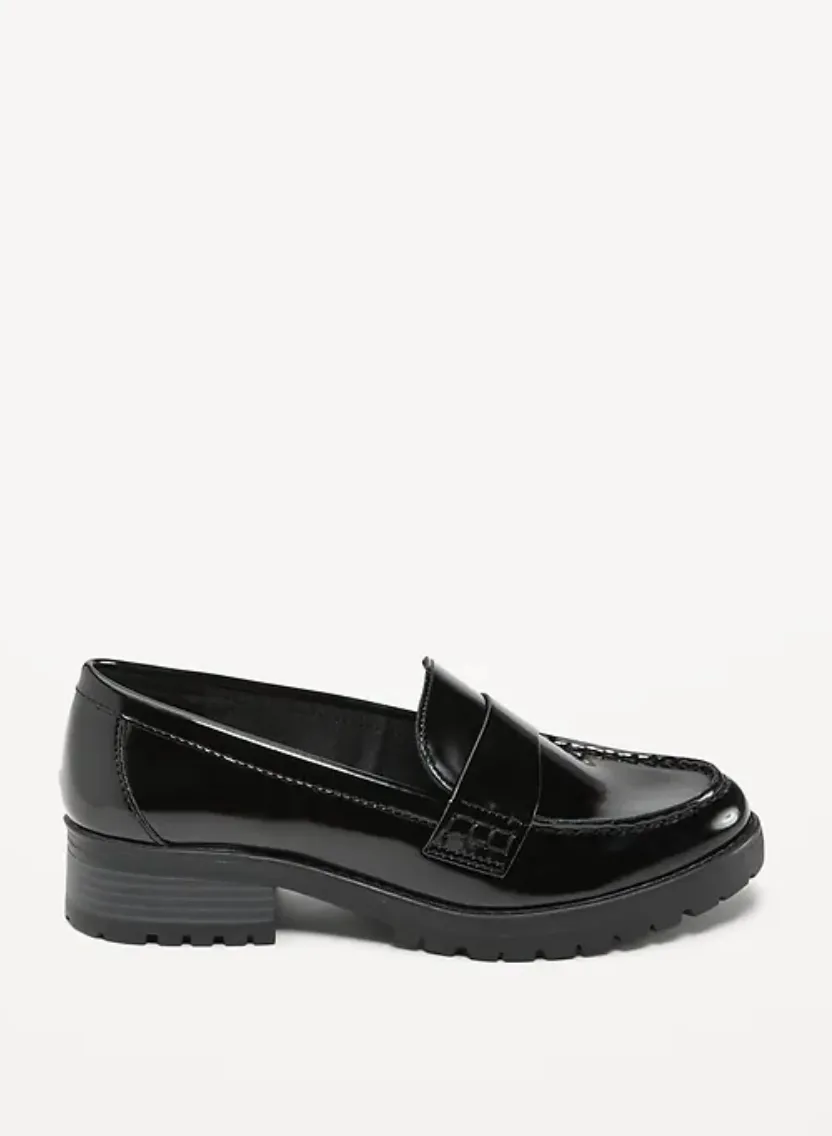 Faux-Leather Chunky-Heel Loafer Shoes for Women