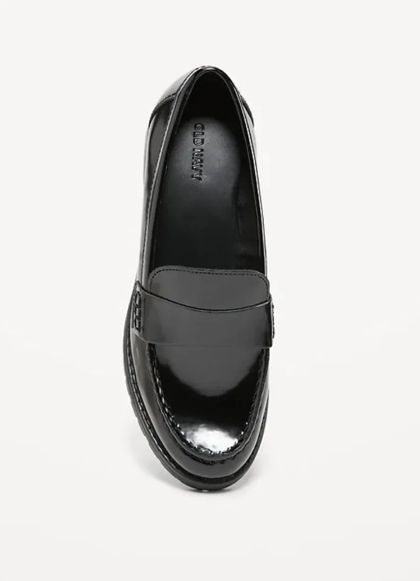Faux-Leather Chunky-Heel Loafer Shoes for Women