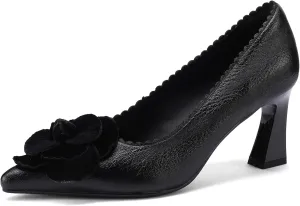 Floral Flower Leather High Heels for Women Chunky Pointed Toe Pumps Closed Toe Dressy Comfortable Sexy Elegantes Wedding Slip On Formal Prom Sparkly 3 Inch Shoes