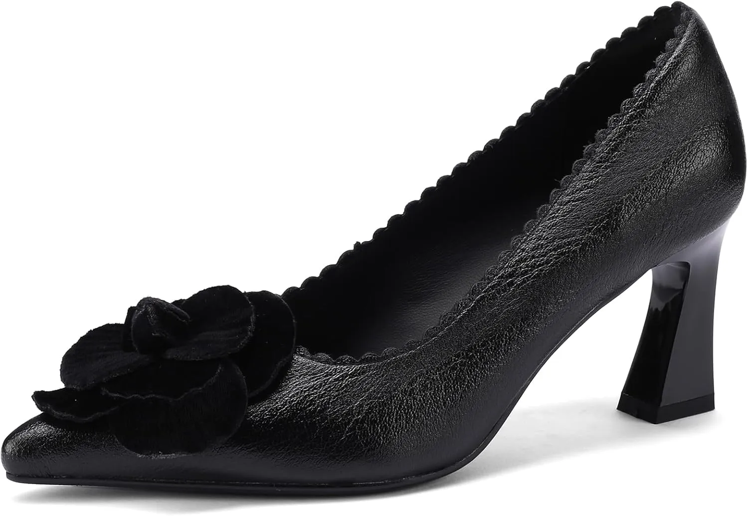 Floral Flower Leather High Heels for Women Chunky Pointed Toe Pumps Closed Toe Dressy Comfortable Sexy Elegantes Wedding Slip On Formal Prom Sparkly 3 Inch Shoes