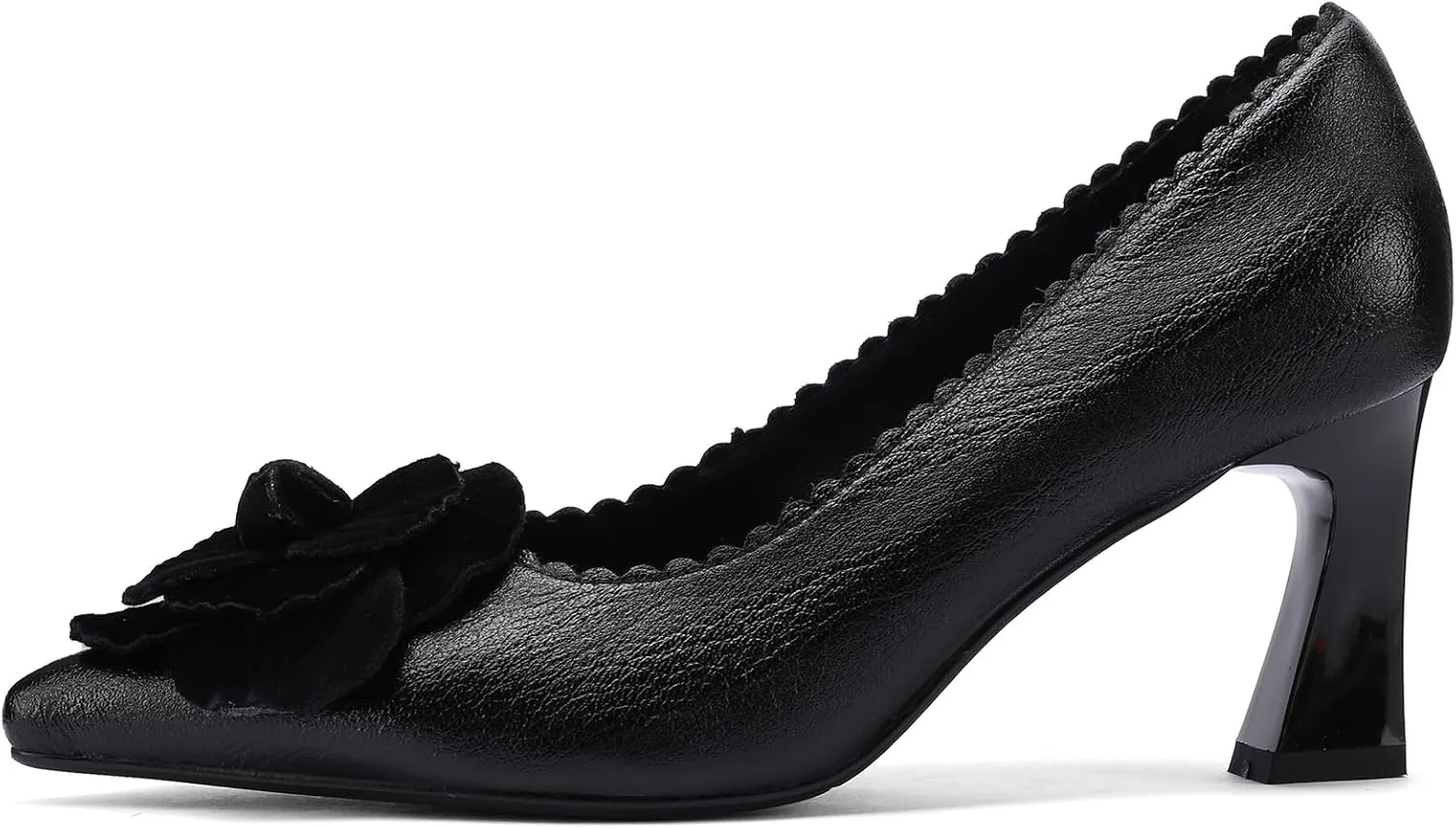 Floral Flower Leather High Heels for Women Chunky Pointed Toe Pumps Closed Toe Dressy Comfortable Sexy Elegantes Wedding Slip On Formal Prom Sparkly 3 Inch Shoes
