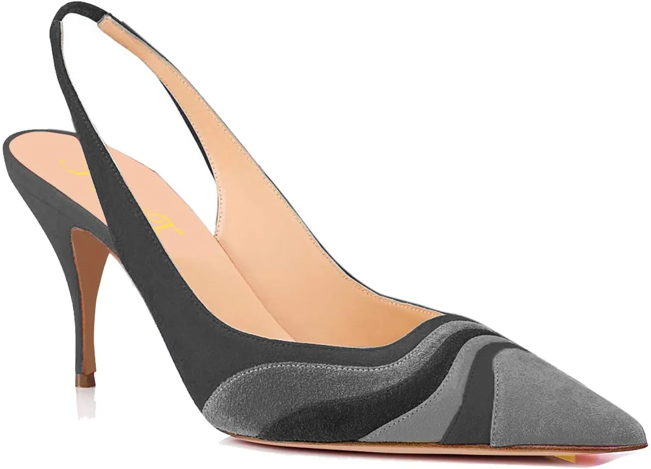 FOWT Women Pointed Toe Kitten Heeled Slingback Pumps Rainbow Color Stripes Elastic Band Mules Ladies Multicolored Slip on High Heel Sandals for Dress Date Prom 4-16