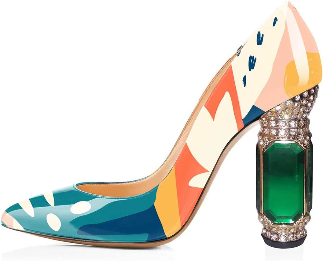FSJ Women Printing Pump Chunky High Crystal Heels Pump Colorful Closed Pointed Toe Bridal Party Dress Shoe Size 4-15 US