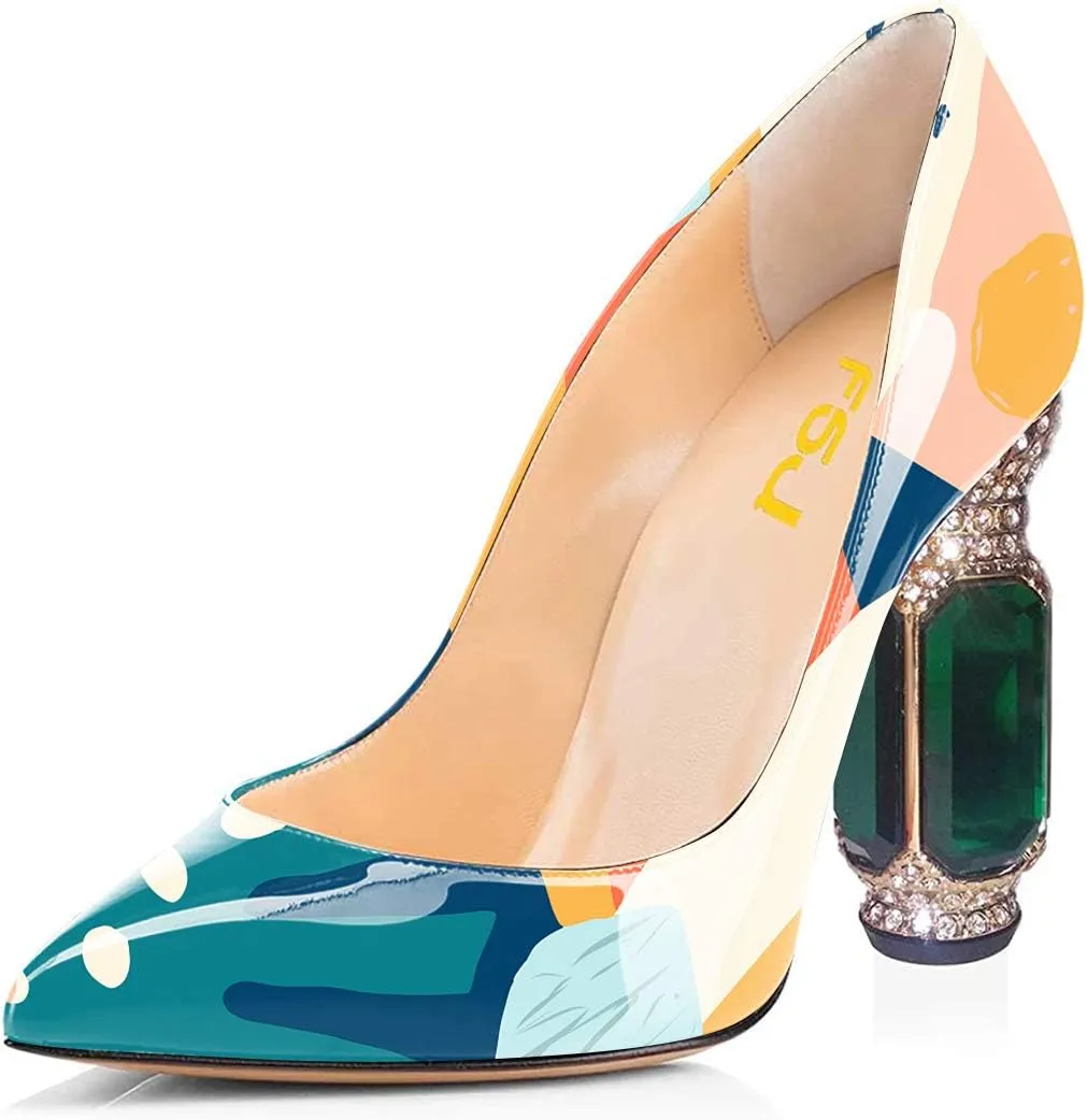 FSJ Women Printing Pump Chunky High Crystal Heels Pump Colorful Closed Pointed Toe Bridal Party Dress Shoe Size 4-15 US