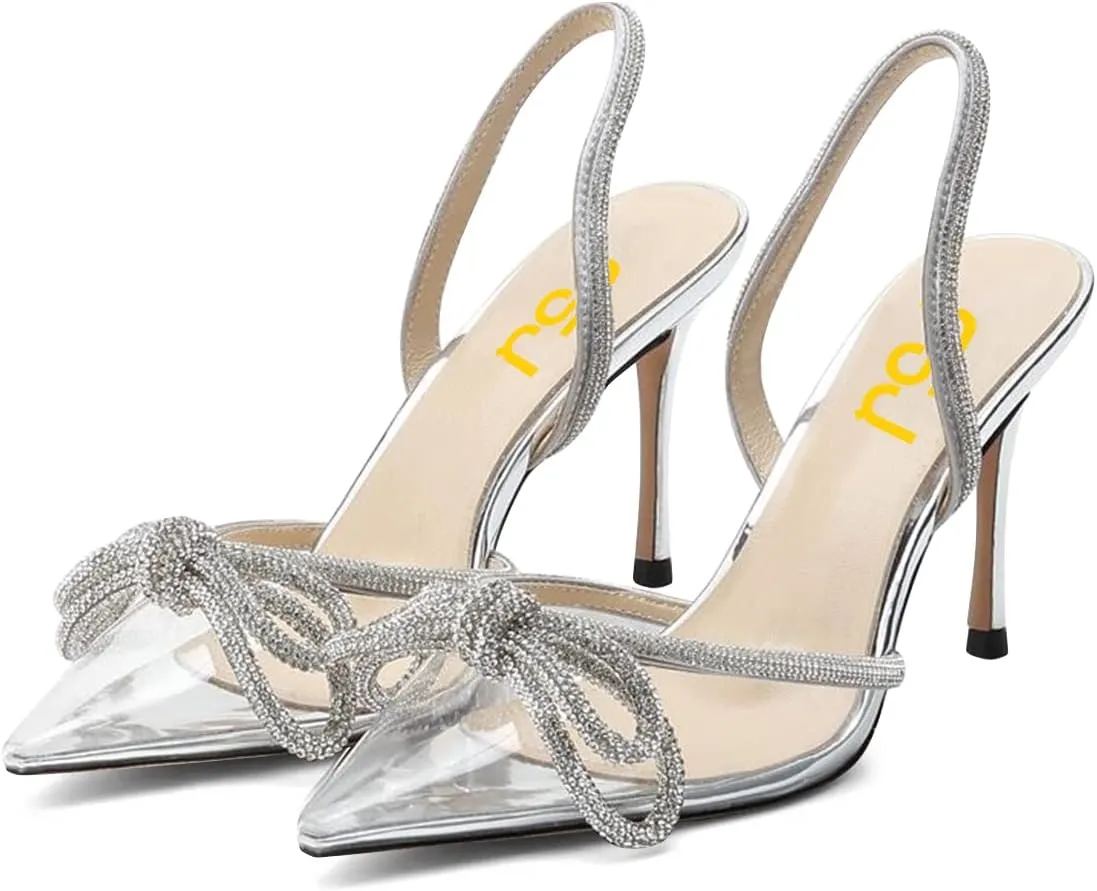 FSJ Women Rhinestones Bow Heeled Sandals Velvet Closed Pointed Toe High Heels Stilettos Slingback Pump Slip On Wedding Bridal Shoes Size 4-15 US