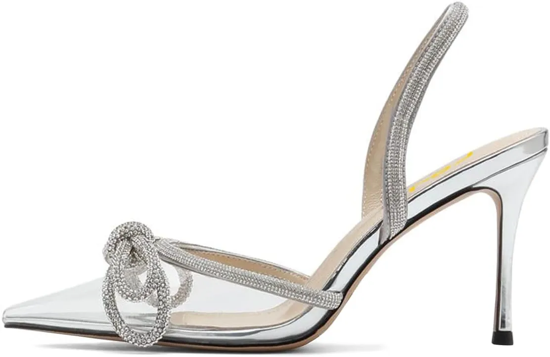 FSJ Women Rhinestones Bow Heeled Sandals Velvet Closed Pointed Toe High Heels Stilettos Slingback Pump Slip On Wedding Bridal Shoes Size 4-15 US