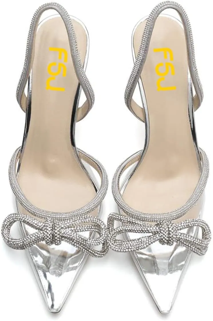 FSJ Women Rhinestones Bow Heeled Sandals Velvet Closed Pointed Toe High Heels Stilettos Slingback Pump Slip On Wedding Bridal Shoes Size 4-15 US