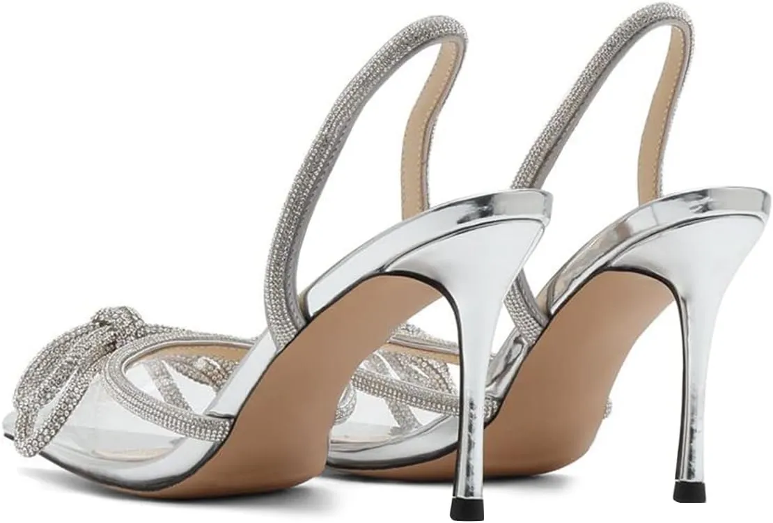 FSJ Women Rhinestones Bow Heeled Sandals Velvet Closed Pointed Toe High Heels Stilettos Slingback Pump Slip On Wedding Bridal Shoes Size 4-15 US