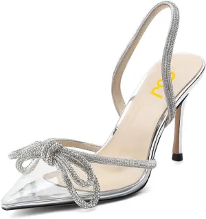 FSJ Women Rhinestones Bow Heeled Sandals Velvet Closed Pointed Toe High Heels Stilettos Slingback Pump Slip On Wedding Bridal Shoes Size 4-15 US