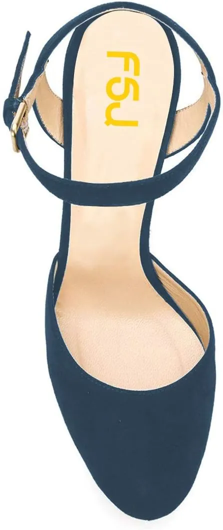 FSJ Women Sexy Platform Pumps Chunky High Heels Slingback Sandals Closed Round Toe Pump with Buckle Ankle Straps Bridal Party Dress Shoes Size 4-15 US