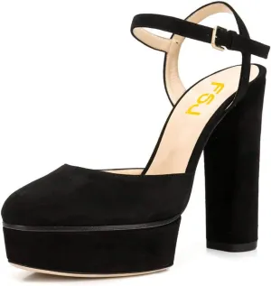 FSJ Women Sexy Platform Pumps Chunky High Heels Slingback Sandals Closed Round Toe Pump with Buckle Ankle Straps Bridal Party Dress Shoes Size 4-15 US